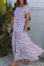 Womens lavender floral summer dress with short sleeves and square neckline