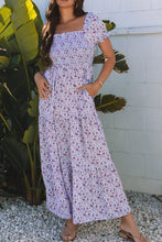 Womens lavender floral summer dress with square neckline and ruffled hem