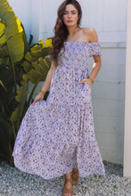Womens lavender floral off-shoulder maxi dress with ruffled hem and elastic waistband