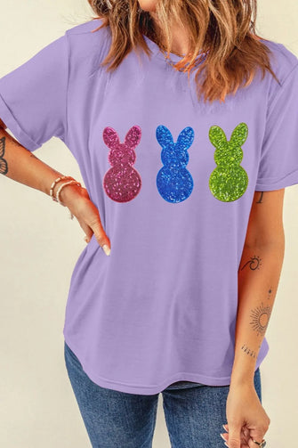 Lavender Glitter Bunny Sequin T Shirt for Women Lavender