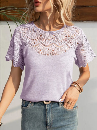Lavender Lace Trimmed Stretch Top for Women Pink Purple