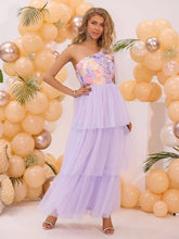 Lavender One Shoulder Floral Bodice Tiered Tulle Maxi Dress
