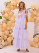 Lavender One Shoulder Floral Bodice Tiered Tulle Maxi Dress