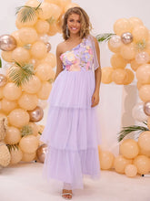 Lavender One Shoulder Floral Bodice Tiered Tulle Maxi Dress