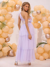 Lavender One Shoulder Floral Bodice Tiered Tulle Maxi Dress