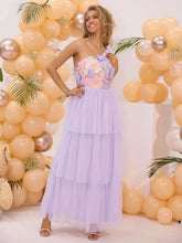 Lavender One Shoulder Floral Bodice Tiered Tulle Maxi Dress Maxi Dresses