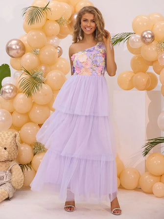 Lavender One Shoulder Floral Bodice Tiered Tulle Maxi Dress Pink Purple