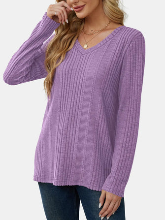 Lavender Ribbed V Neck Long Sleeve Sweater for Women Lilac