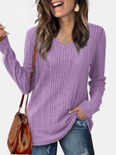 Lavender Ribbed V Neck Long Sleeve Sweater for Women