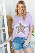 Lavender short sleeve t-shirt with leopard star patch applique