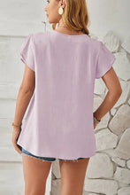 Lavender short-sleeve V-neck pintuck tunic top for women