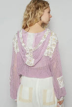 Women’s lilac vintage washed crochet hoodie jacket with floral embroidery