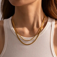 Woman wearing layered 18k gold-plated stainless steel necklace set