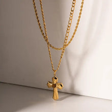 18k gold-plated stainless steel layered cross necklace with textured surface and stone pendant