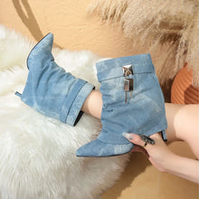 Layered Denim Material Ankle Boots with Gold Padlock Detail