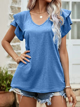 Blue layered flutter sleeve V-neck top with ruffles