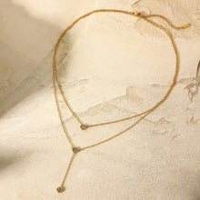 Elegant layered gold stainless steel necklace with bezel set round pendants and delicate chain design