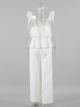 White Layered Ruffled Cami and Wide-Leg Pants Set