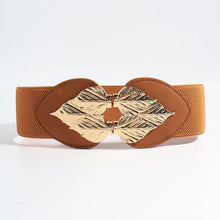 Brown leaf buckle elastic waist belt with gold alloy leaf buckle