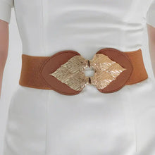 Gold alloy leaf buckle on wide elastic brown belt