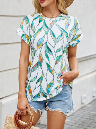 Leaf Patterned Womens T Shirt in Stretch Rayon Blend Turquoise