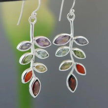 Silver leaf shape alloy earrings with colorful dangle gemstones