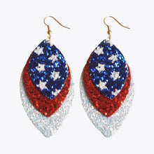 Leaf shape copper dangle earrings in glittery red, white, blue faux leather with stars