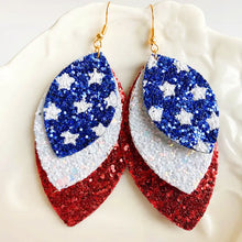 Tiered leaf shape copper dangle earrings in red, white, blue glitter