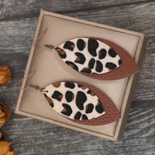 Leaf shape leather dangle earrings in leopard print faux leather