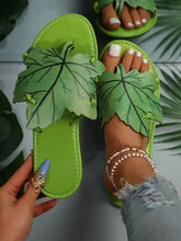 Lime green leaf-detailed open toe flats slippers