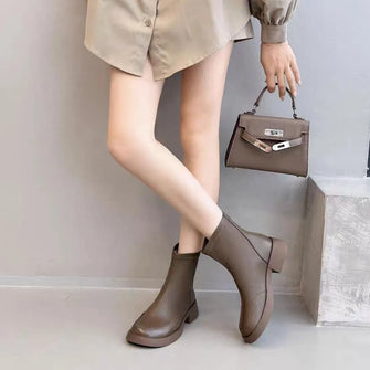 Leather Ankle Boots and Matching Handbag for Women Taupe