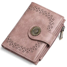 Dusty rose faux leather bifold wallet with sunflower clasp and floral perforations