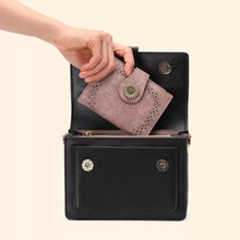 Dusty rose suede Leather Bifold Wallet with sunflower clasp in black crossbody bag