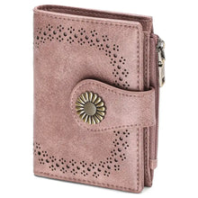 Leather bifold wallet in rose gold faux leather with sunflower clasp