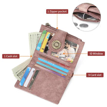 Leather Bifold Wallet in rose gold texture with sunburst clasp and card slots
