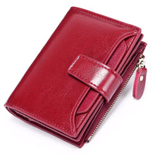 Sleek red Leather Bifold Wallet with flap closure and zipper detail