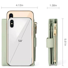 Light green leather bifold wallet with gold zipper, strap, and smartphone holder