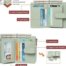 Light green RFID-blocking Leather Bifold Wallet with zipper, 9 slots