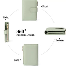 Sleek light green Leather Bifold Wallet with Zipper and gold zippers