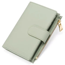 Sleek light green Leather Bifold Wallet with gold zipper