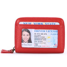 Red textured leather card case with zipper and clear ID window