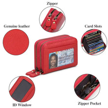 Red leather card case with ID window, dual zippers and card slots