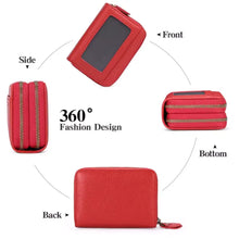 Red leather card case with ID window and three zippers