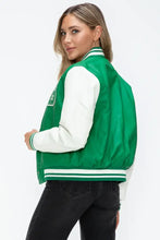 PU Leather Contrast Snap Bomber Jacket Green and White Varsity Style Woman Outerwear