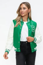 PU Leather Contrast Snap Bomber Jacket Green and White Varsity Style Woman Outerwear