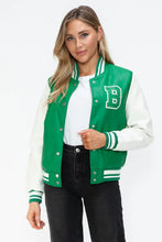 PU Leather Contrast Snap Bomber Jacket Green and White Varsity Style