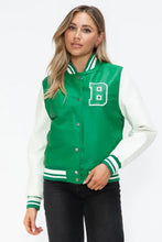 PU Leather Contrast Snap Bomber Jacket Green and White Varsity Style Woman Outerwear