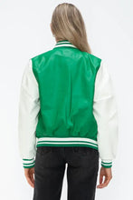 PU Leather Contrast Snap Bomber Jacket Green and White Varsity Style Woman Outerwear