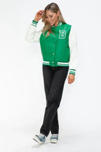 PU Leather Contrast Snap Bomber Jacket Green and White Varsity Style Woman Outerwear