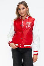 Leather Contrast Snap Red and White Varsity Jacket for Women Red White